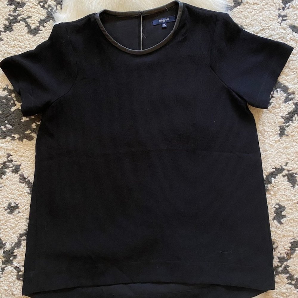 Madewell Black Crepe Leather Trim Blouse Size M